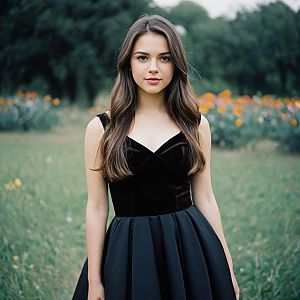 Young Woman in Elegant Black Dress in Garden