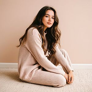 Young Woman in Cozy Knit Set on Carpet