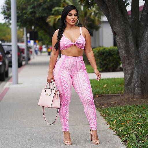 Woman in Pink Patterned Crop Top and Leggings Walking on Sidewalk