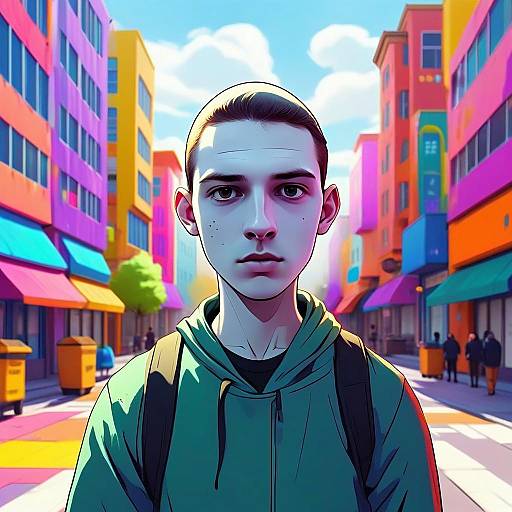 Young Man in Vibrant Urban Street Digital Illustration