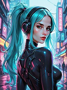 Futuristic Woman with Blue Hair in Cyberpunk City
