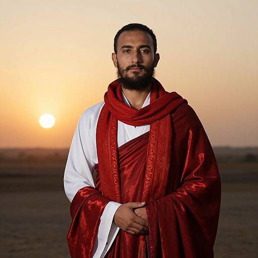 Man in Traditional Red Robes at Sunset
