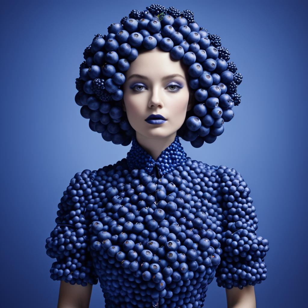 Woman in Blueberry Outfit Against Bold Background