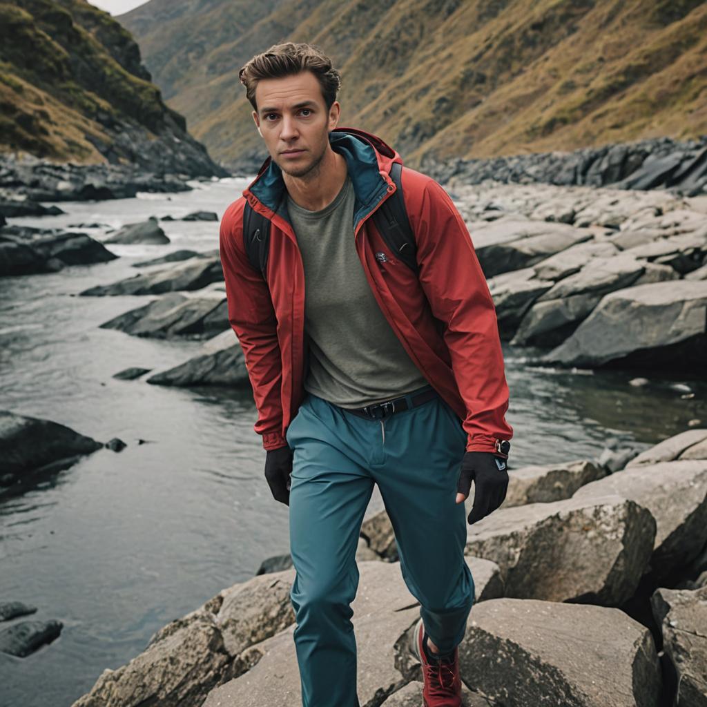 Man Exploring Rocky Terrain by River