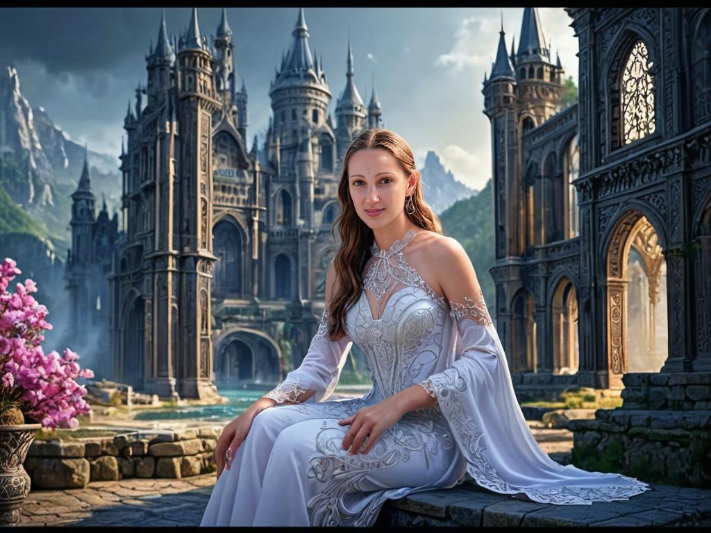 Elegant Woman in White Dress at Medieval Castle