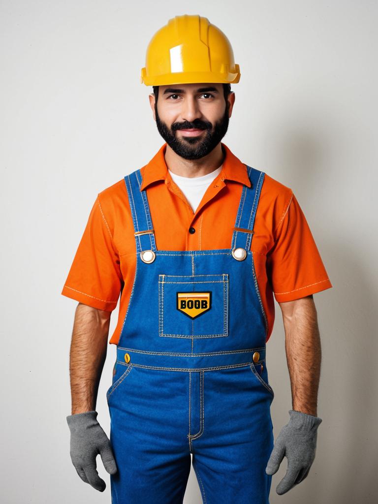 Man Wearing Bob Builder Costume with Hard Hat and Gloves