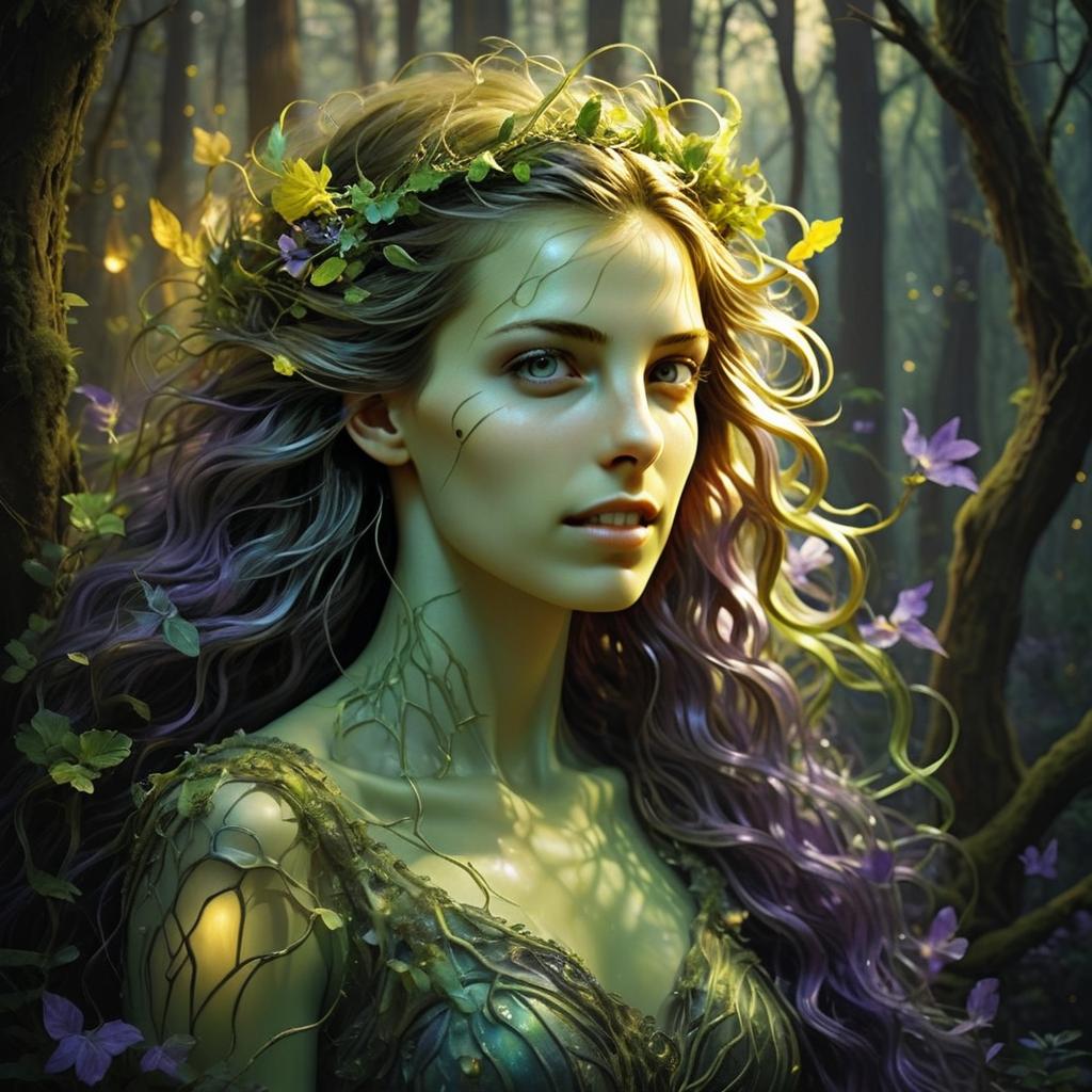 Serene Woman with Purple Hair in Mystical Forest