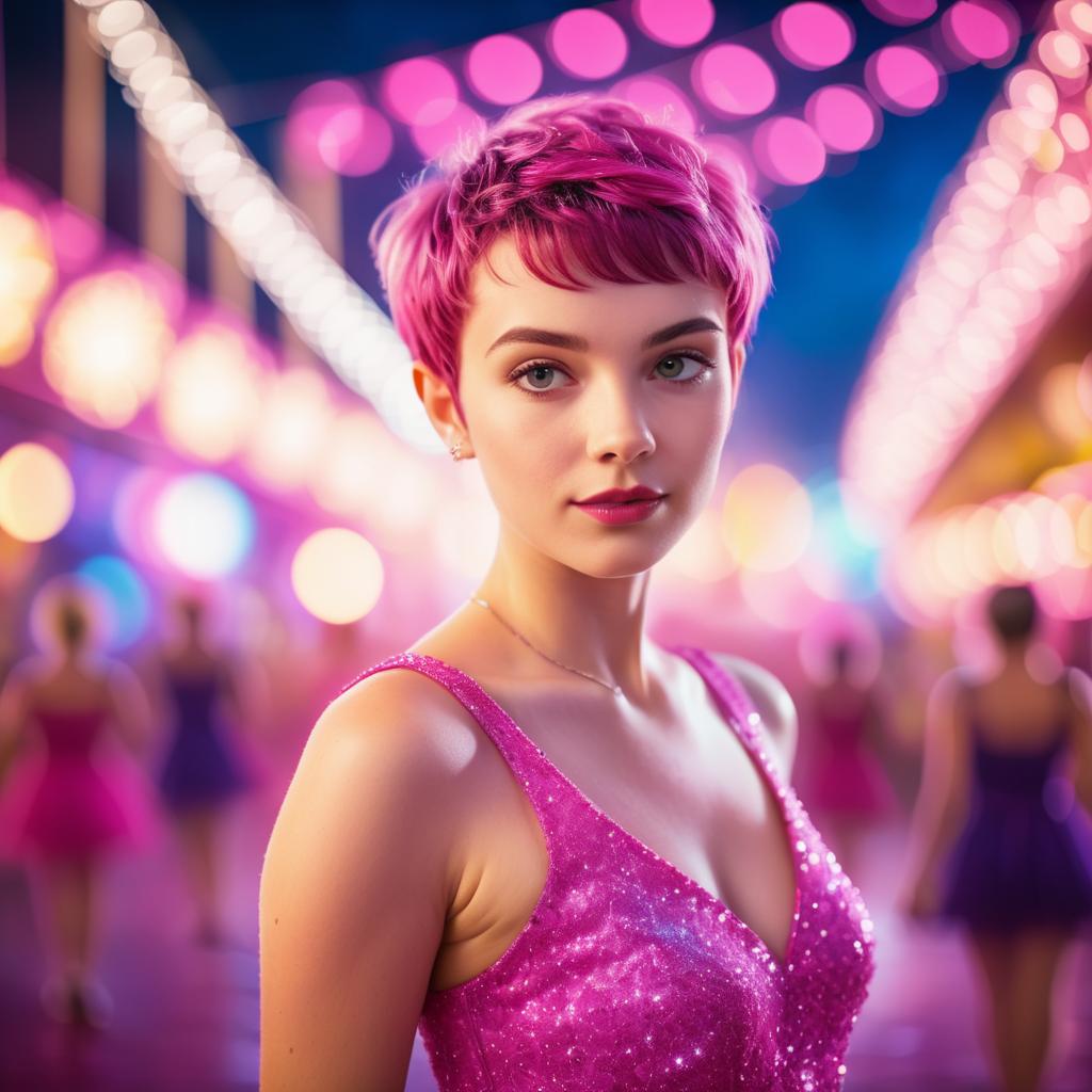 Woman with Pink Hair in Colorful Lights