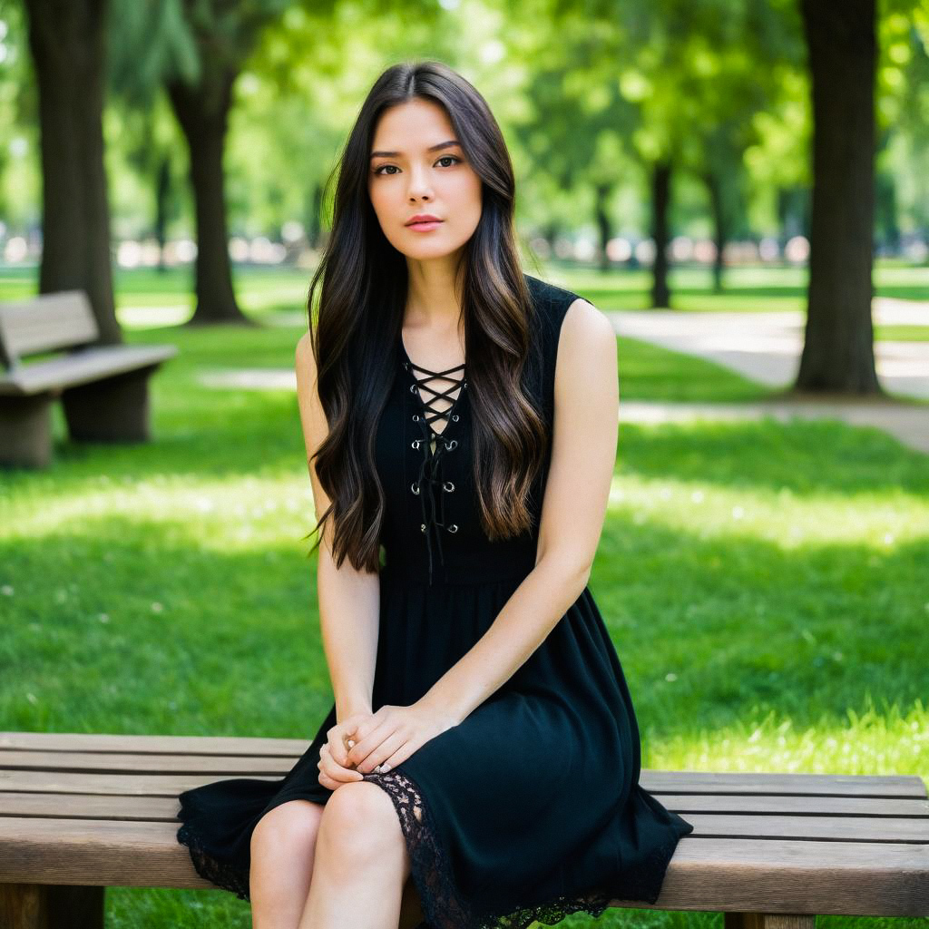 Young Woman in Black Dress in Park