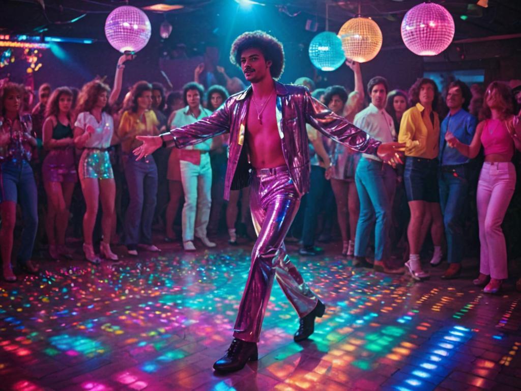 Energetic man dancing in a retro 1970s disco club