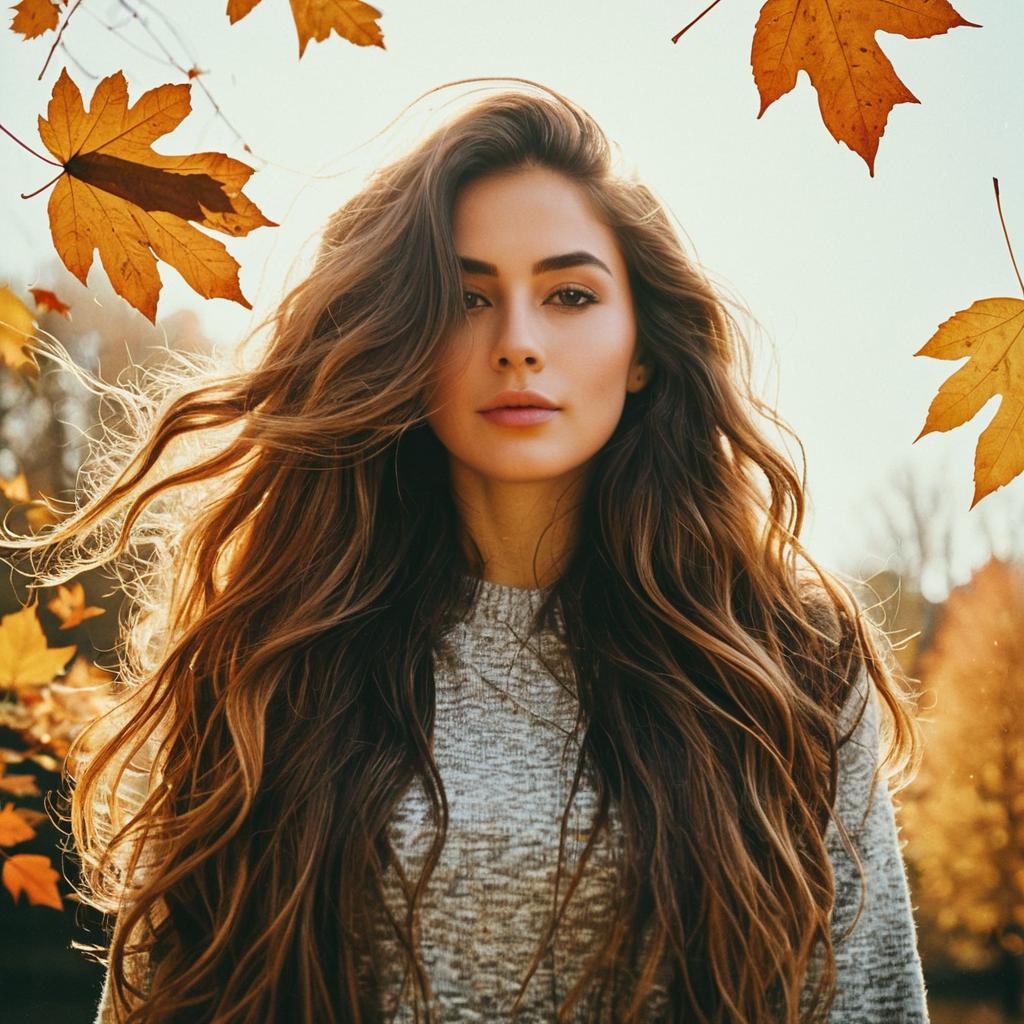 Portrait of Young Woman with Long Hair in Autumn Leaves Outdoors