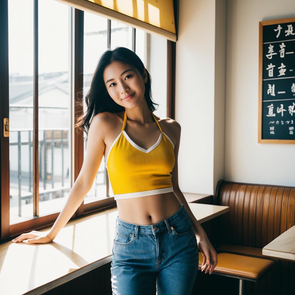 Young Woman in Yellow Halter Crop Top Posing by Window in Café