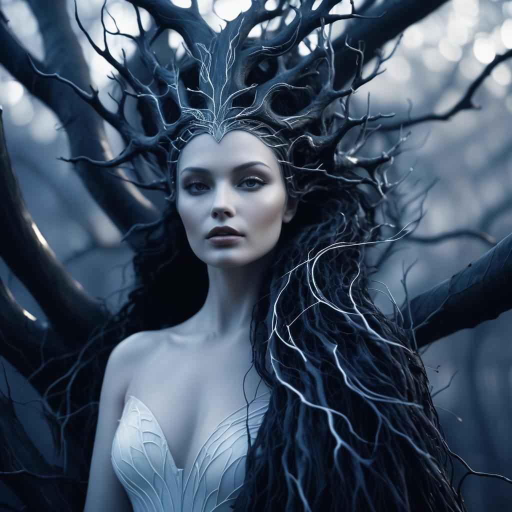 Mystical Woman with Branch Crown in Enchanted Forest