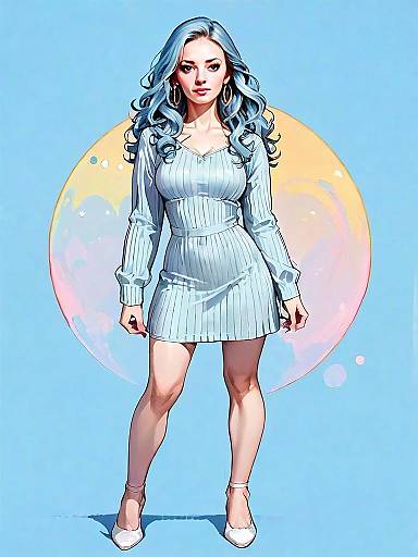 Realistic Full Body Illustration of Woman in Blue Dress with Wavy Hair