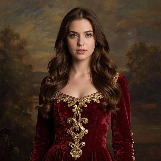 Elegant Woman in Red Velvet Renaissance Style Dress Portrait