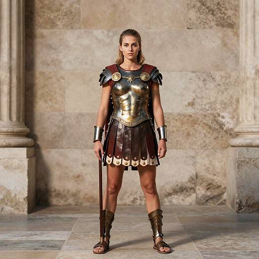 Female Roman Warrior Costume with Armor and Leather Skirt