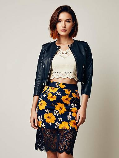 Fashion Model in Leather Jacket and Floral Lace Skirt on Neutral Background