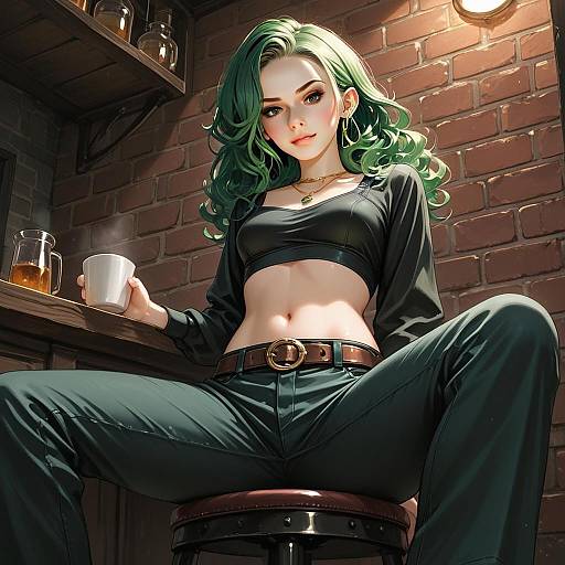 Confident Woman with Green Hair in Stylish Outfit Sitting in Cozy Café Digital Illustration