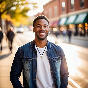 Young man smiling in urban fall setting