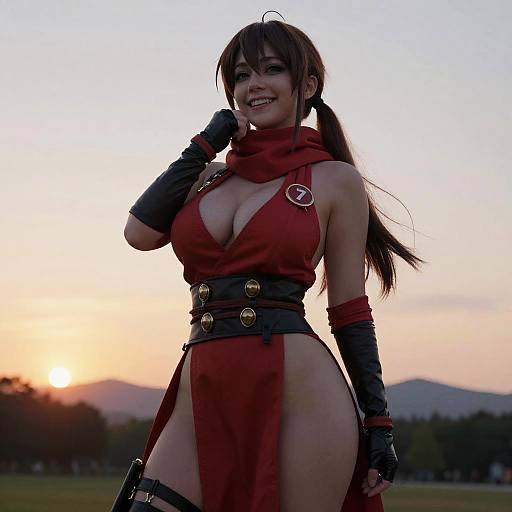 Confident Woman in Red Anime-Style Cosplay at Sunset Outdoors