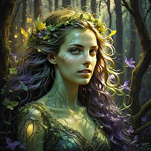 Serene Woman with Purple Hair in Mystical Forest