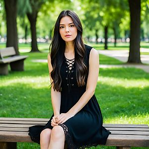 Young Woman in Black Dress in Park