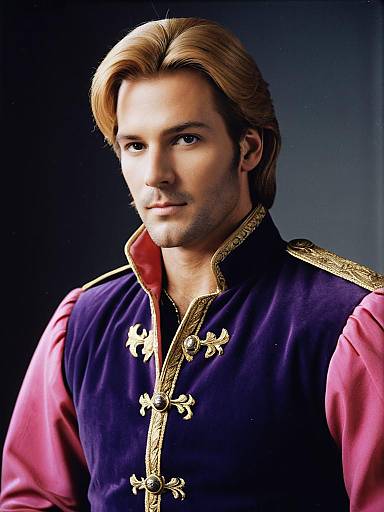 Photorealistic Portrait of Man in Prince Adam Costume with Detailed Embroidery