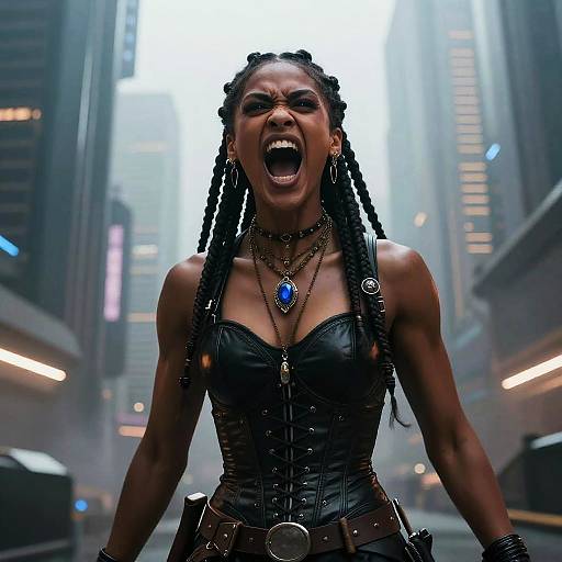 Gen Z Woman in Black Leather Corset Shouting in Cyberpunk City