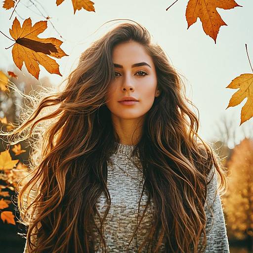 Portrait of Young Woman with Long Hair in Autumn Leaves Outdoors