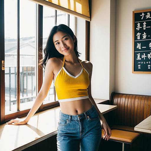 Young Woman in Yellow Halter Crop Top Posing by Window in Café