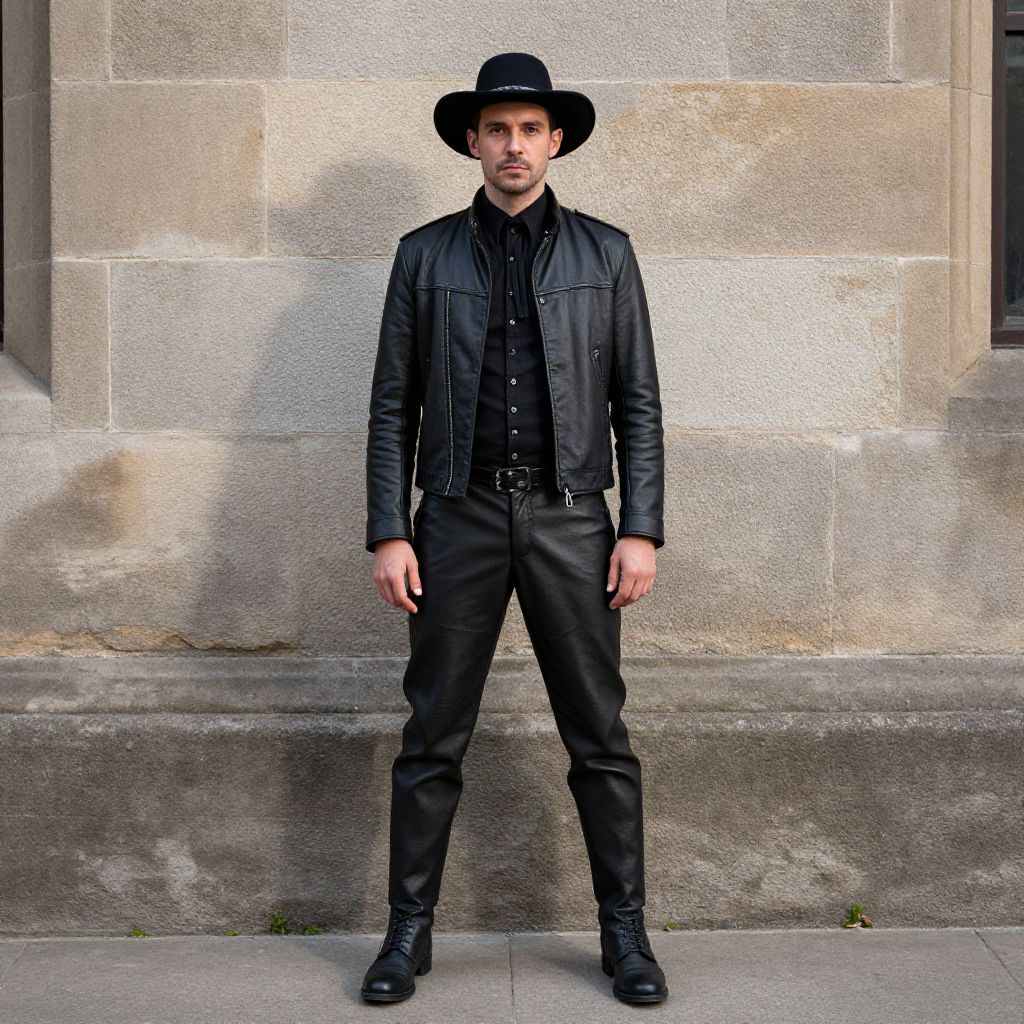 Man Wearing Black Leather Outfit and Wide-Brimmed Hat Outdoors