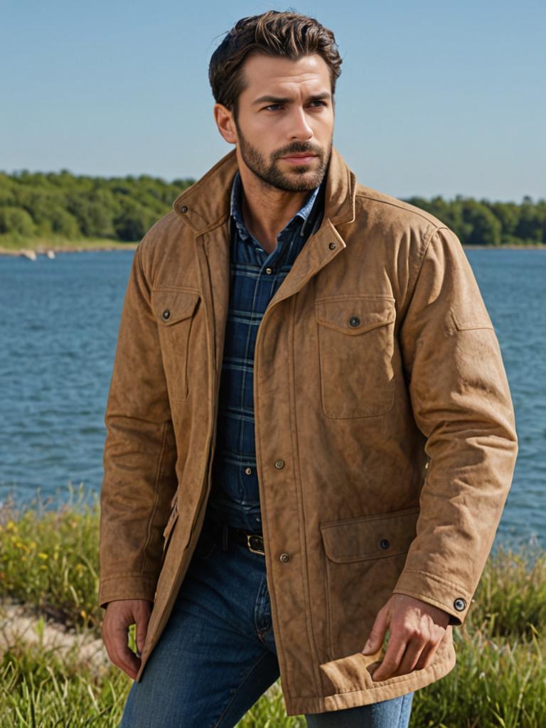 Man in Camel Suede Jacket and Checked Shirt Outdoors