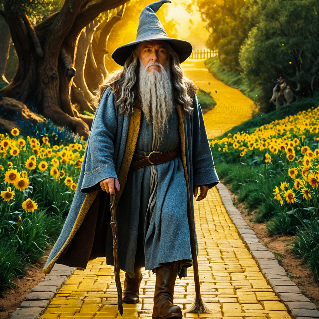 Elderly Man on Yellow Brick Road with Sunflowers Elderly Man on Yellow Brick Road with Sunflowers