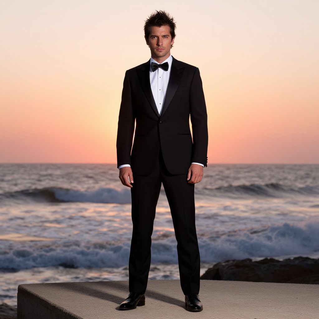 Man in Black Tuxedo Standing by Ocean at Sunset