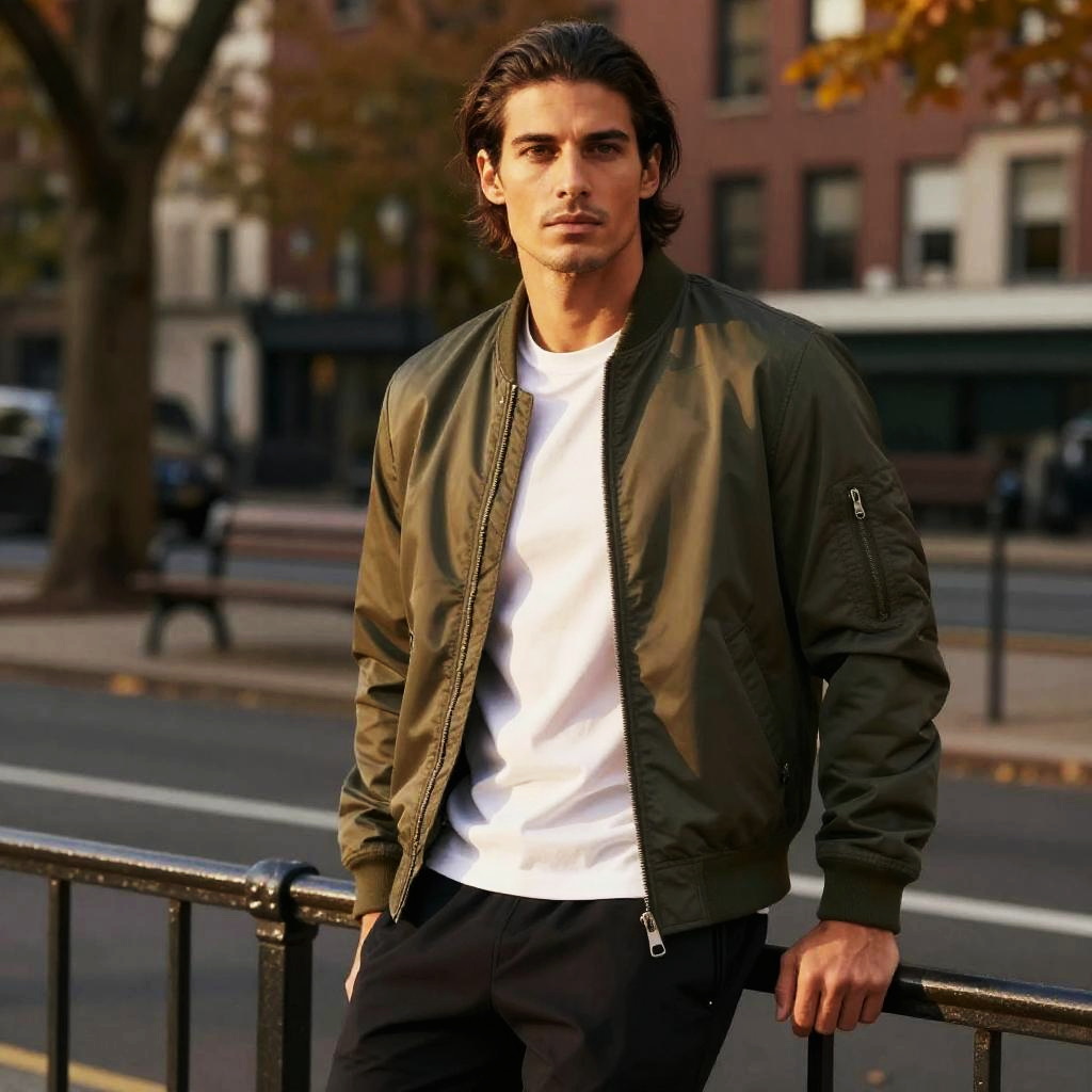 Young Man Wearing Olive Green Bomber Jacket in Urban Fall Setting