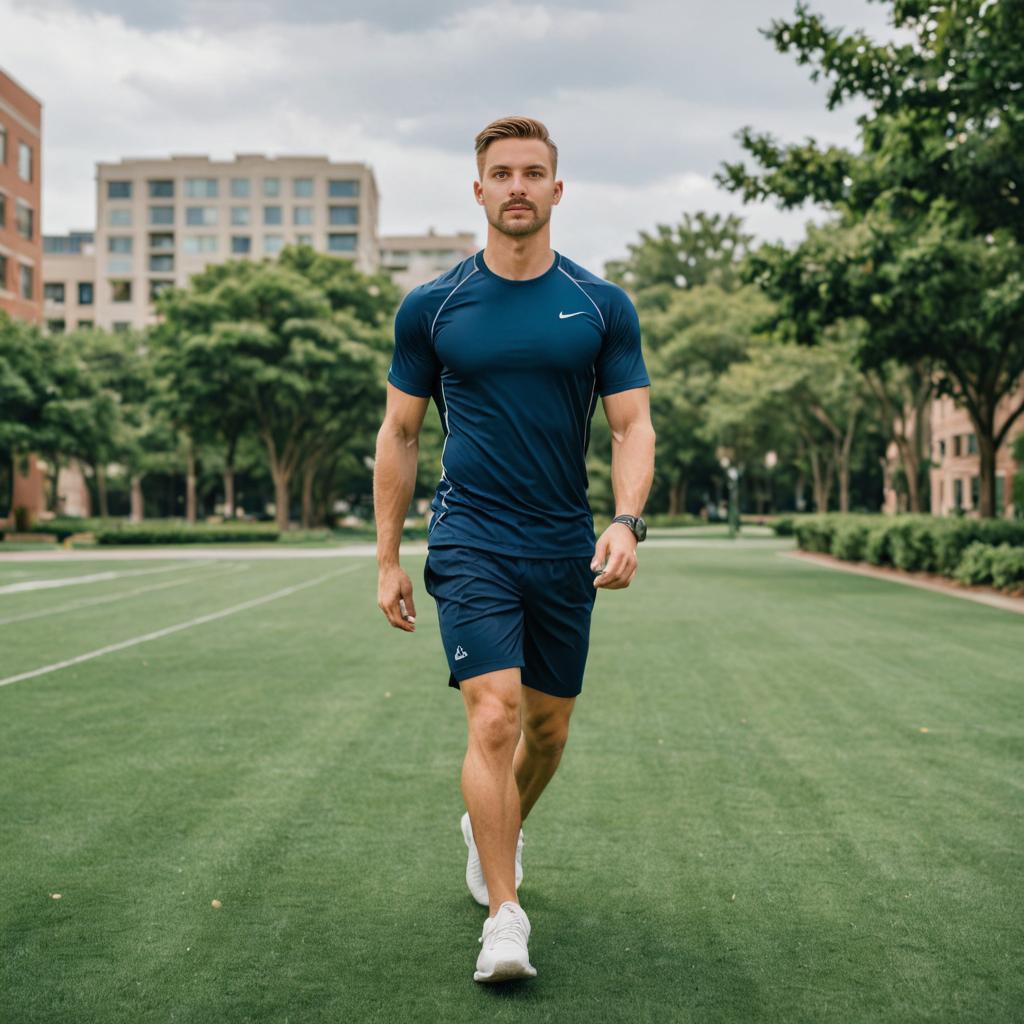 Man in Blue Athletic Outfit Walking in Urban Park