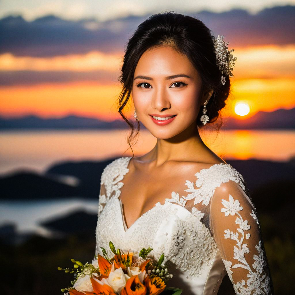 Bride in Lace Gown at Sunset with Bouquet