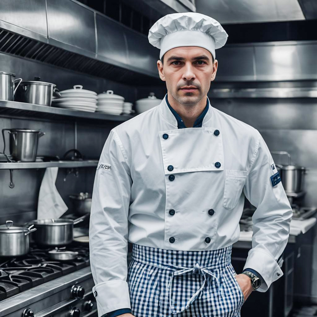 Professional Male Chef in Modern Commercial Kitchen Wearing Traditional Uniform