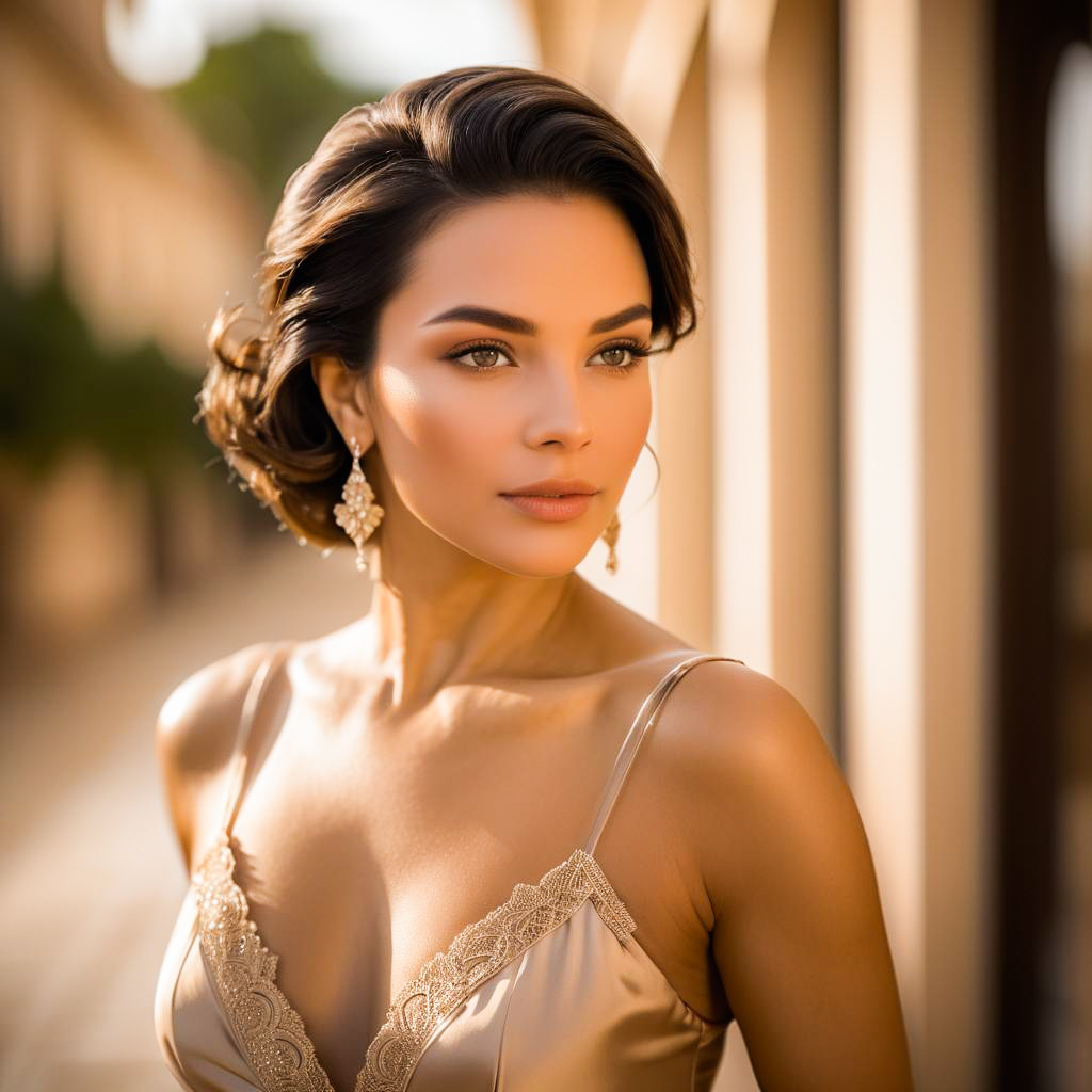 Elegant Woman in Satin Dress with Warm Lighting