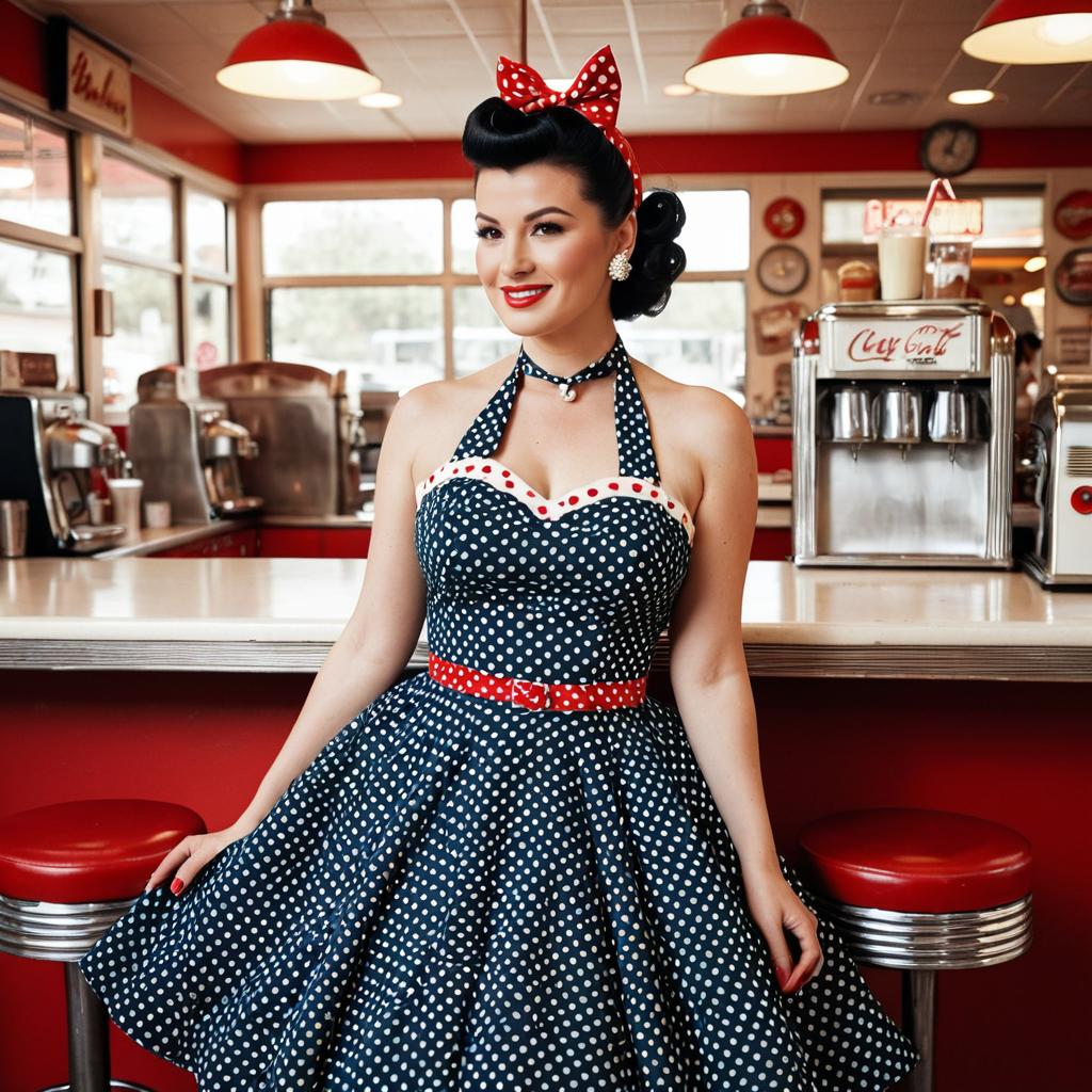 Retro 1950s Woman in Polka Dot Dress Posing in Vintage Diner