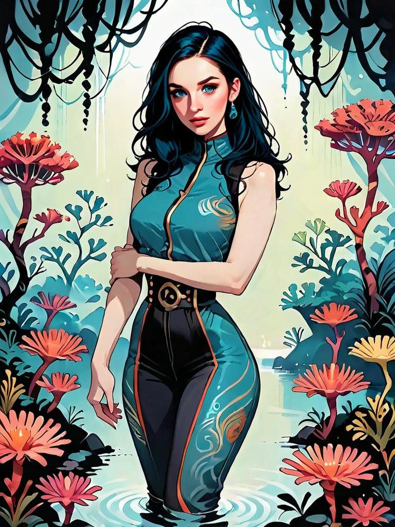 Futuristic Woman in Floral Fantasy Digital Illustration