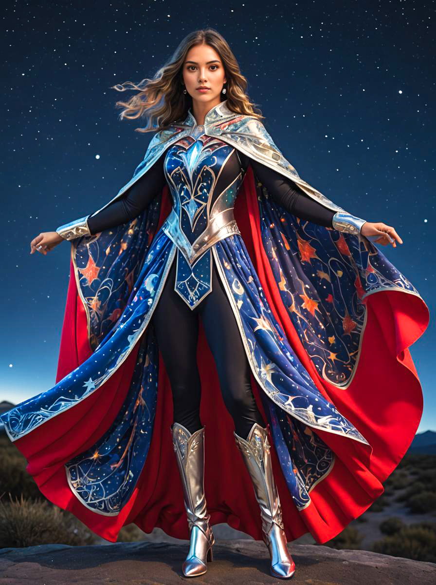 Female Superhero in Starry Night Sky