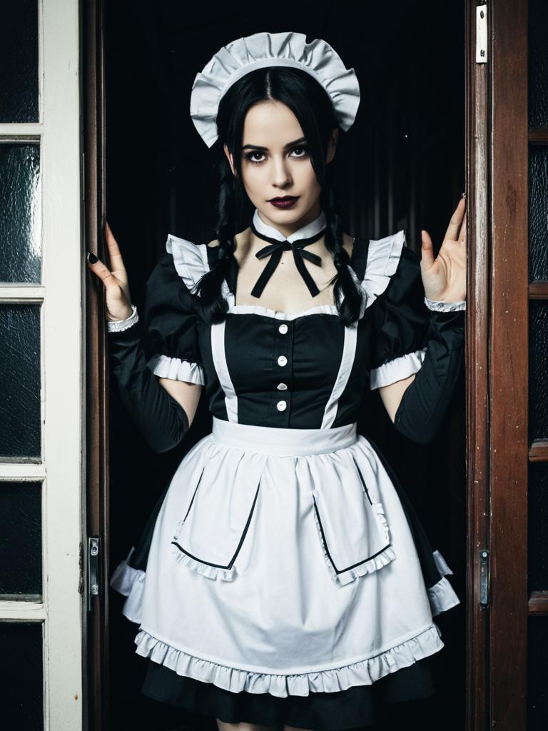 Gothic Woman in Lockable Maid Costume with Cinematic Realism
