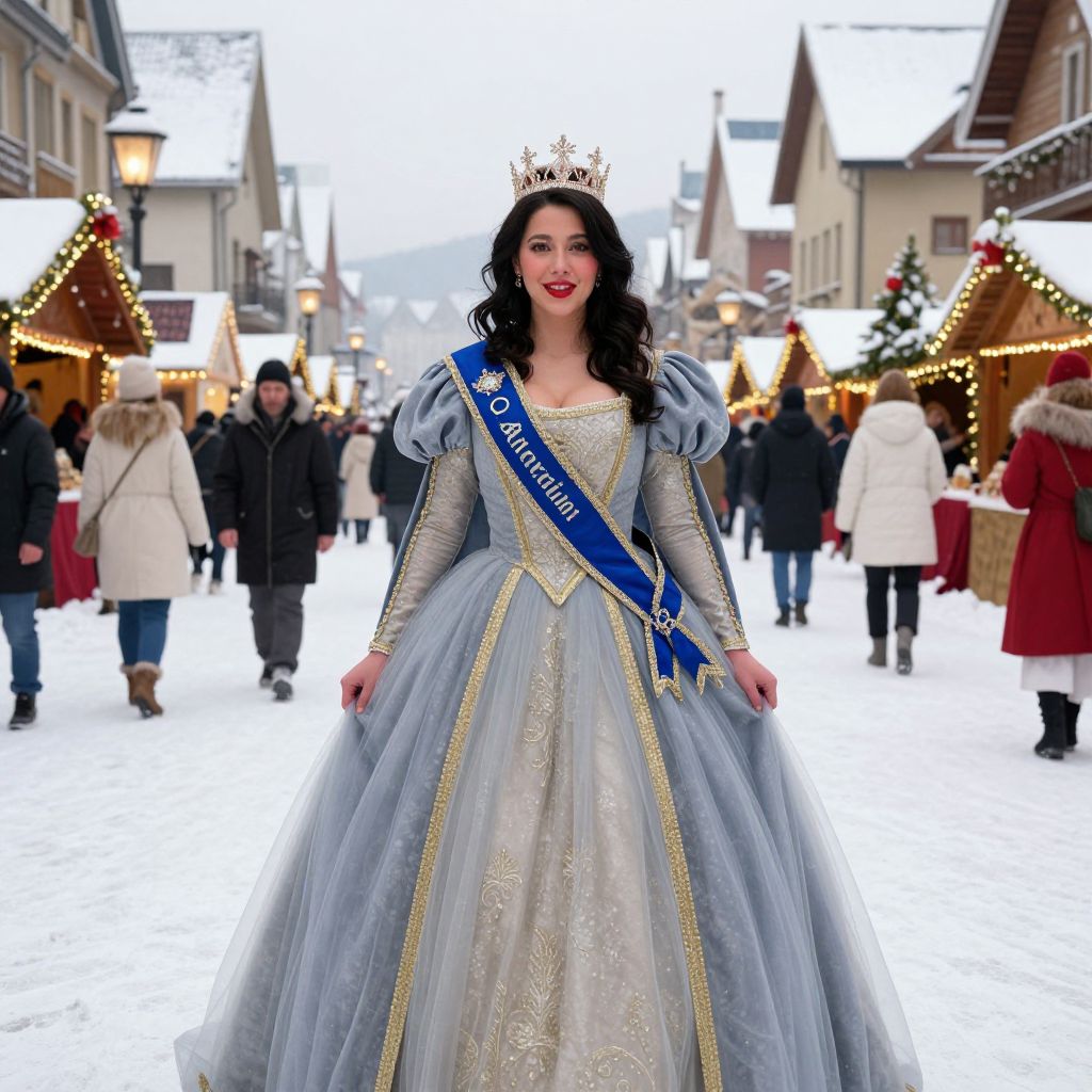 Woman in Medieval Gown and Crown at Winter Market Festival