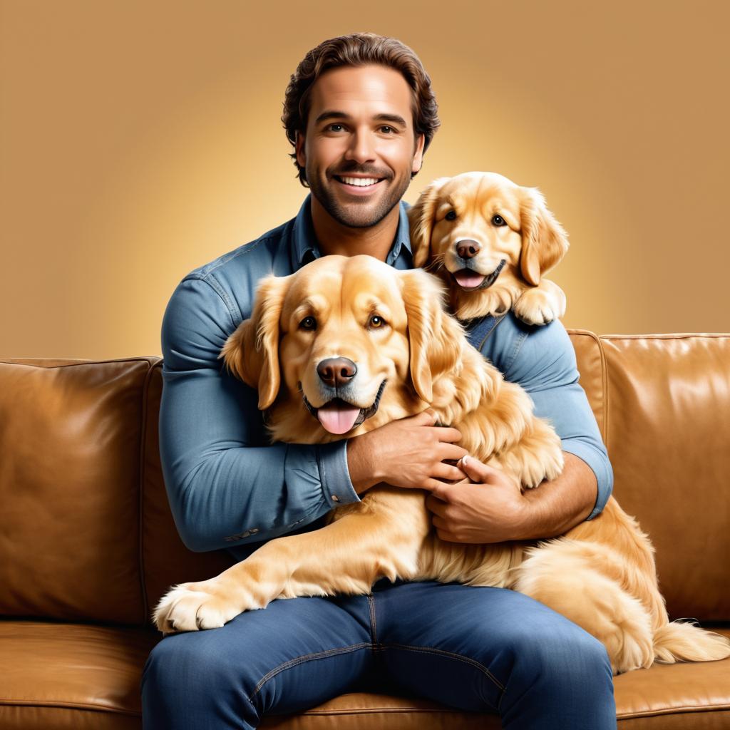 Cheerful Man with Golden Retriever Puppies