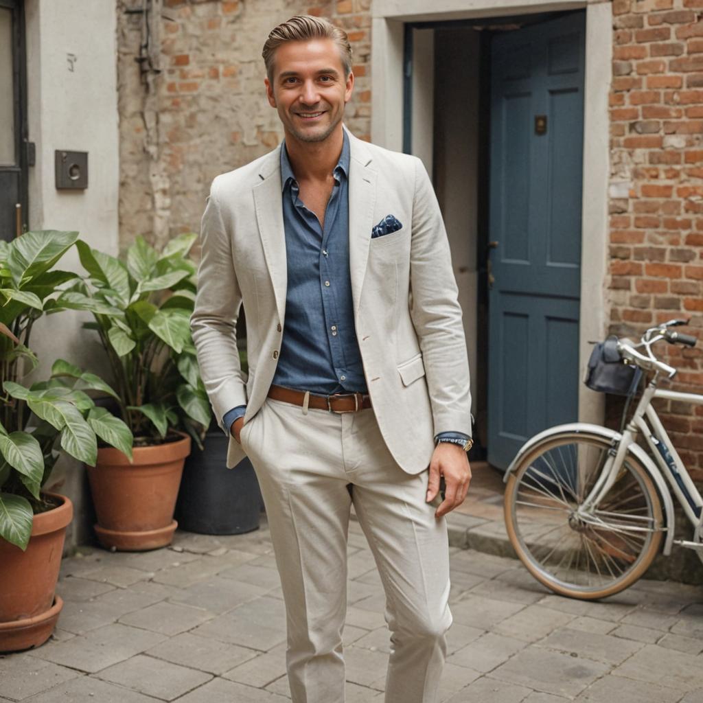 Stylish man in chic beige suit in urban setting