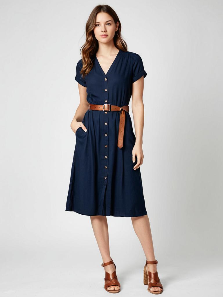 Woman in Smart Casual Navy Blue Shirt Dress with Mid-Calf Length