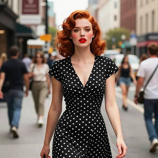 Confident Woman in Retro Polka Dot Dress Walking in City
