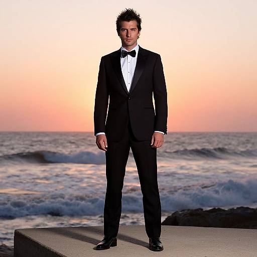 Man in Black Tuxedo Standing by Ocean at Sunset