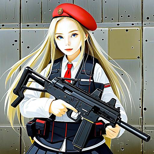 Anime Girl with MP5 Gun in Tactical Gear Wearing Red Beret